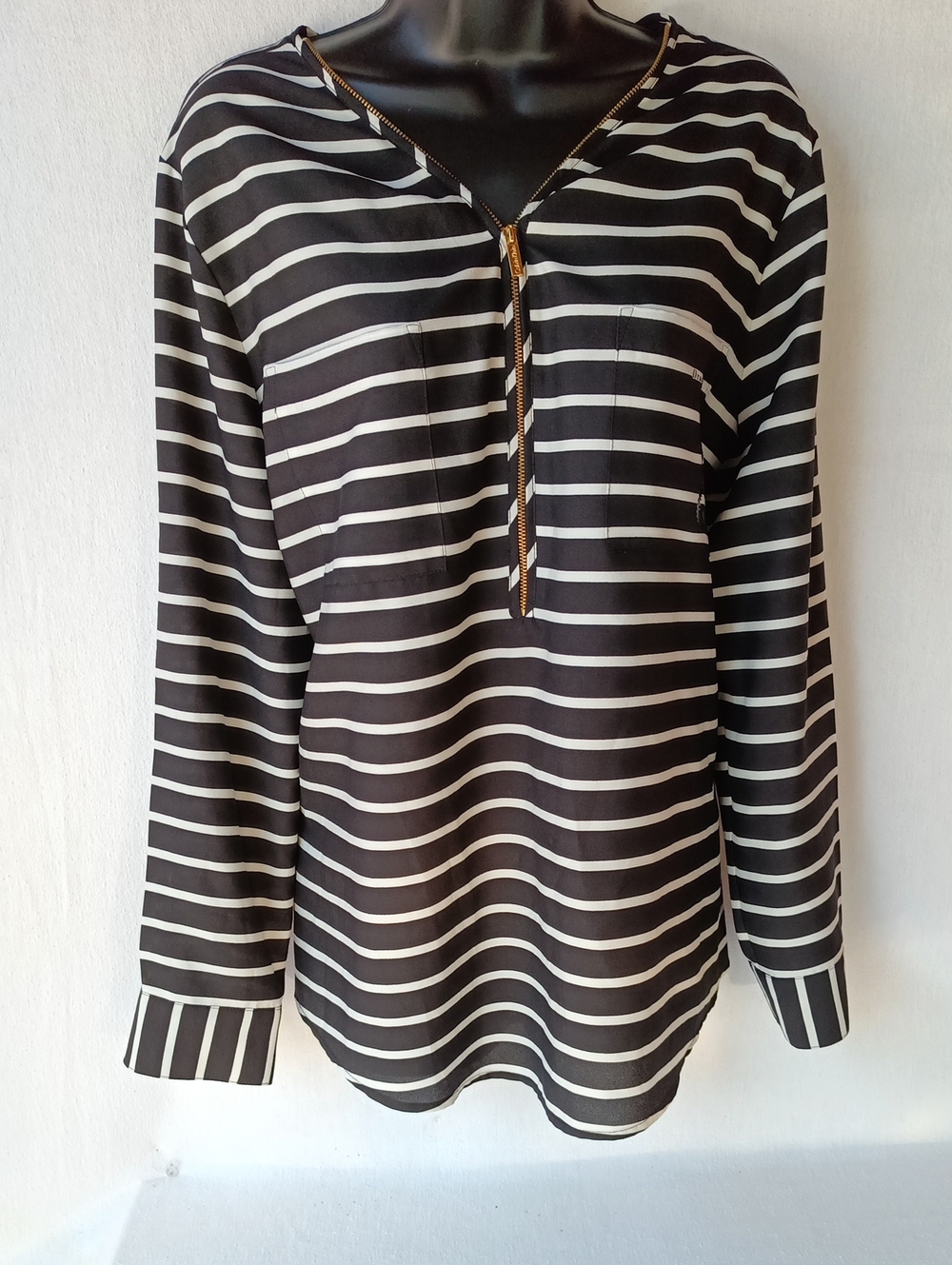 Calvin Klein Lightweight Black and White Striped Zip-Front Blouse With Pockets
